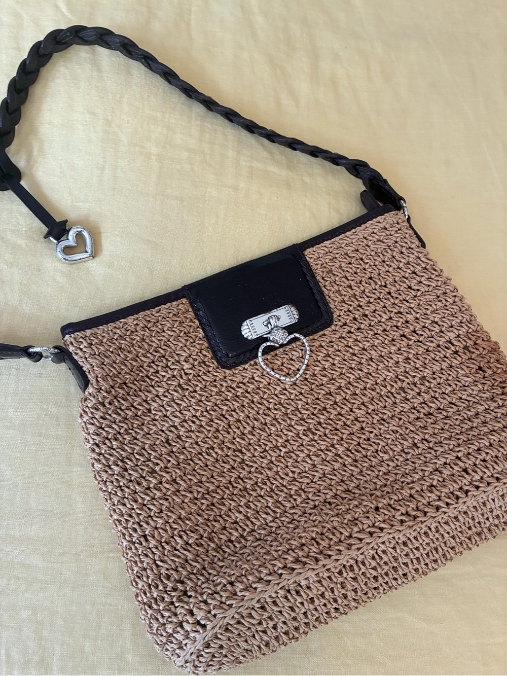 Brighton Woven Heart-Accent Shoulder Bag in Brown and Black